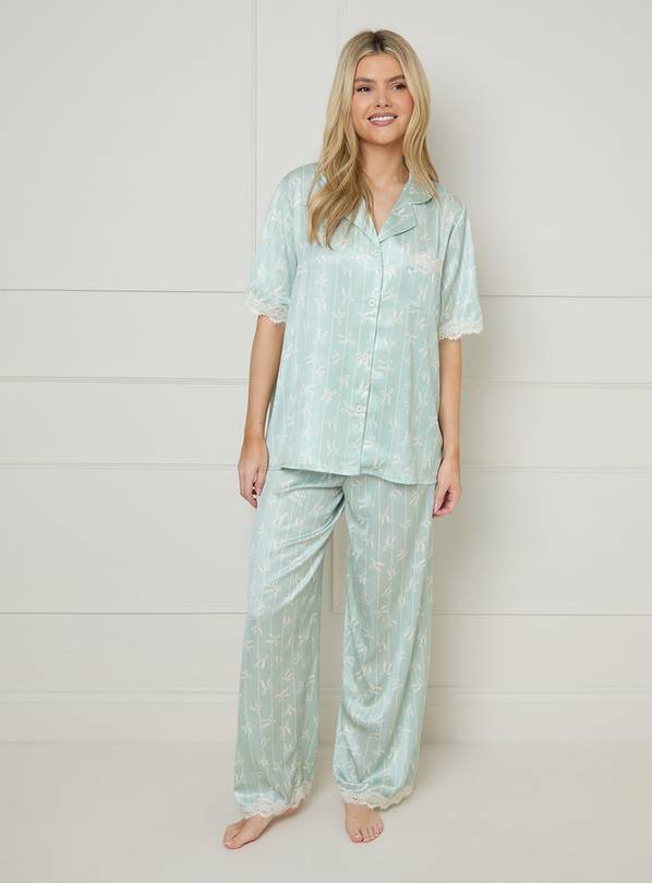OASIS Sage Bows Lace Trim Nightwear Trouser Set M